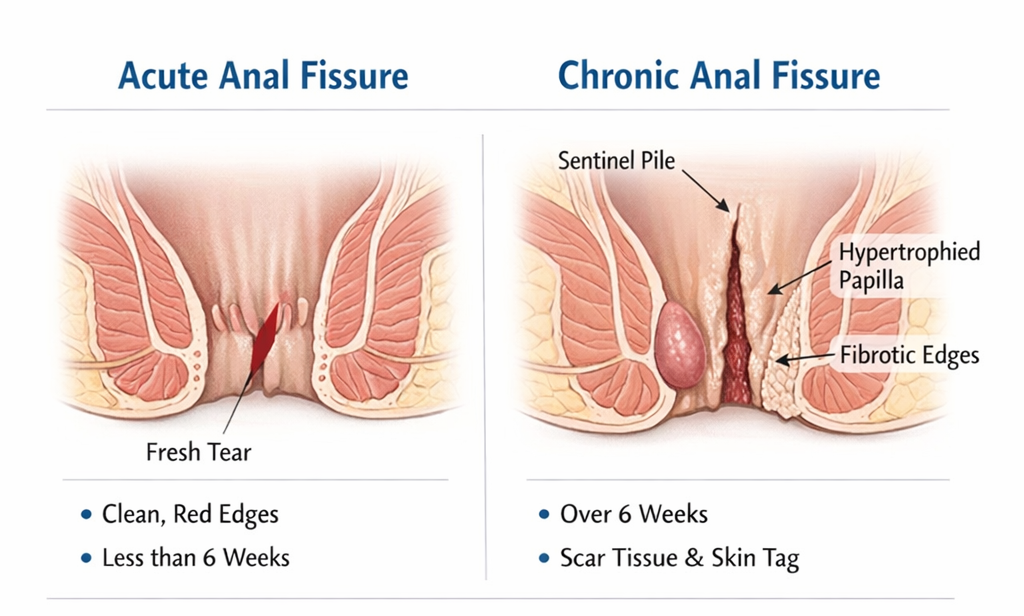 Side-by-side medical diagram comparing acute and chronic anal fissure showing fresh tear versus fibrotic fissure with sentinel pile