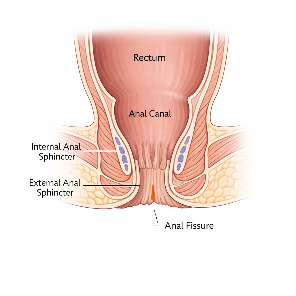 Labeled diagram of anal canal anatomy showing internal and external sphincter muscles with anal fissure location