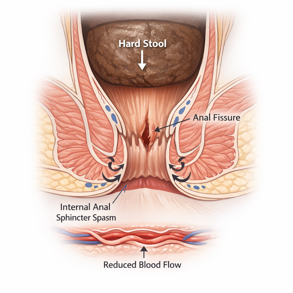 Medical diagram showing anal fissure mechanism including hard stool causing tear, internal sphincter spasm, and reduced blood flow