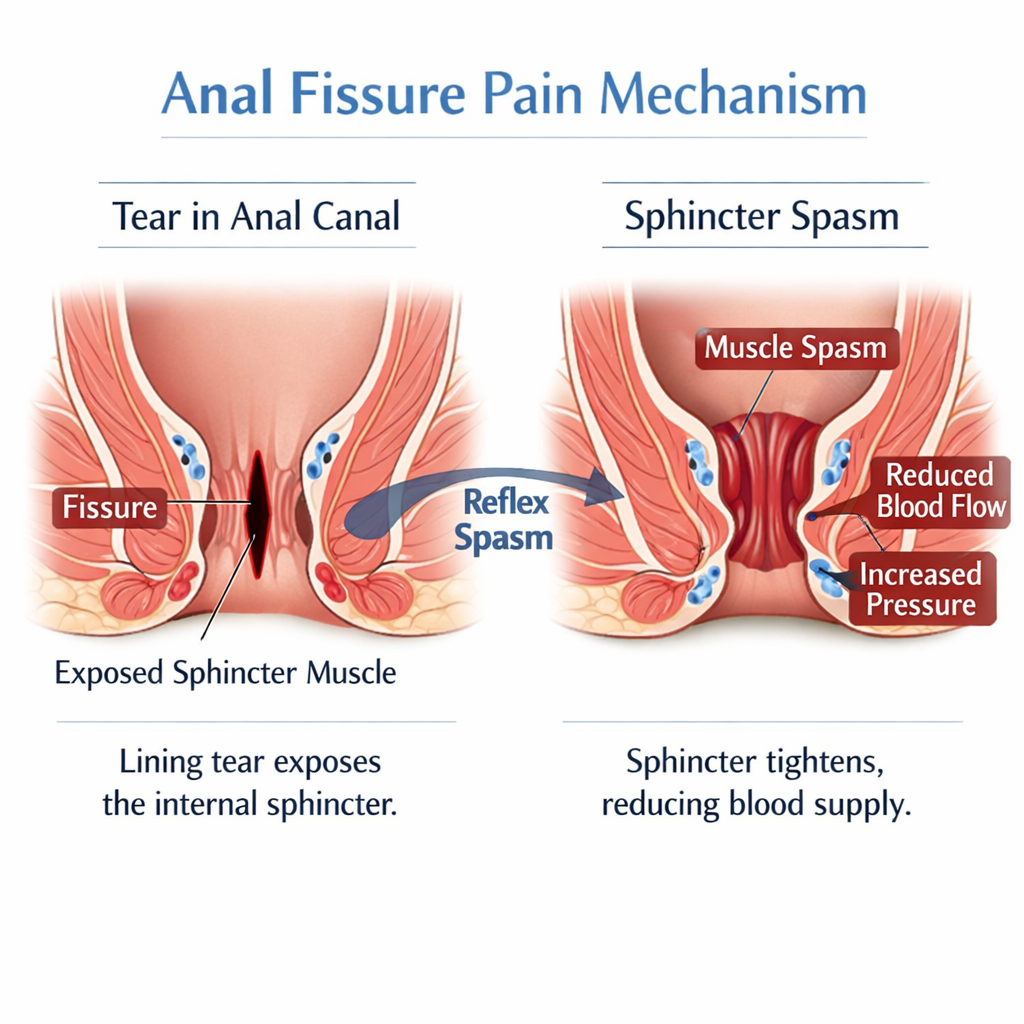 Medical diagram showing anal fissure pain mechanism including tear, internal sphincter spasm, and reduced blood flow causing ischemic pain