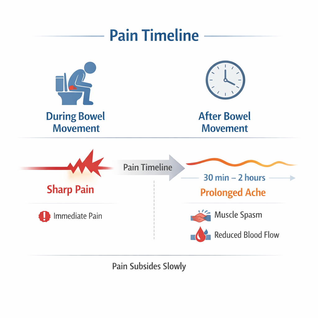 Infographic showing anal fissure pain timeline with sharp pain during bowel movement followed by prolonged spasm-related pain
