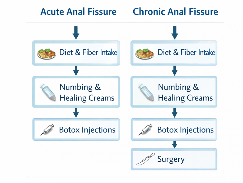 Comparison chart showing treatment options for acute versus chronic anal fissure including diet, creams, Botox, and surgery