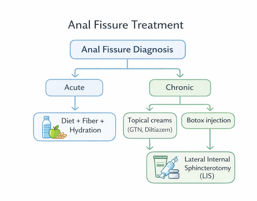 Flowchart of anal fissure treatment options from conservative management to surgery