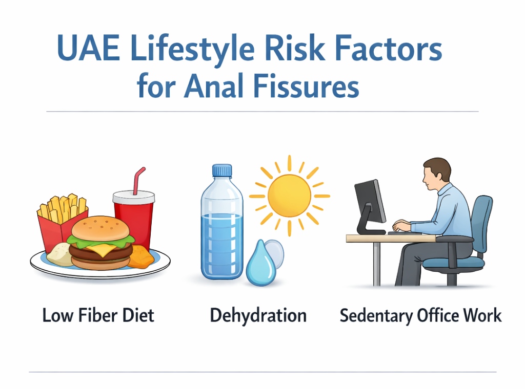 Infographic showing UAE lifestyle risk factors for anal fissure including low fiber diet, dehydration, and sedentary office work