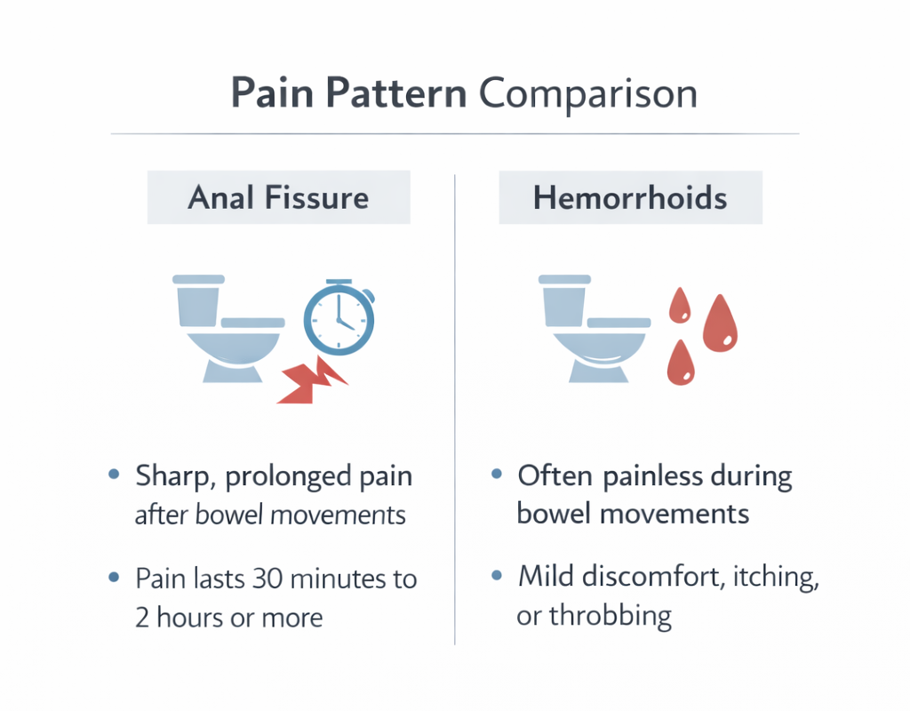 Infographic comparing pain patterns of anal fissure and hemorrhoids showing sharp prolonged pain versus mild or painless bleeding