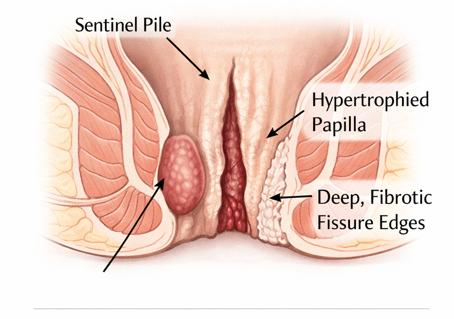 Medical diagram of chronic anal fissure showing sentinel pile, hypertrophied anal papilla, and deep fibrotic fissure edges