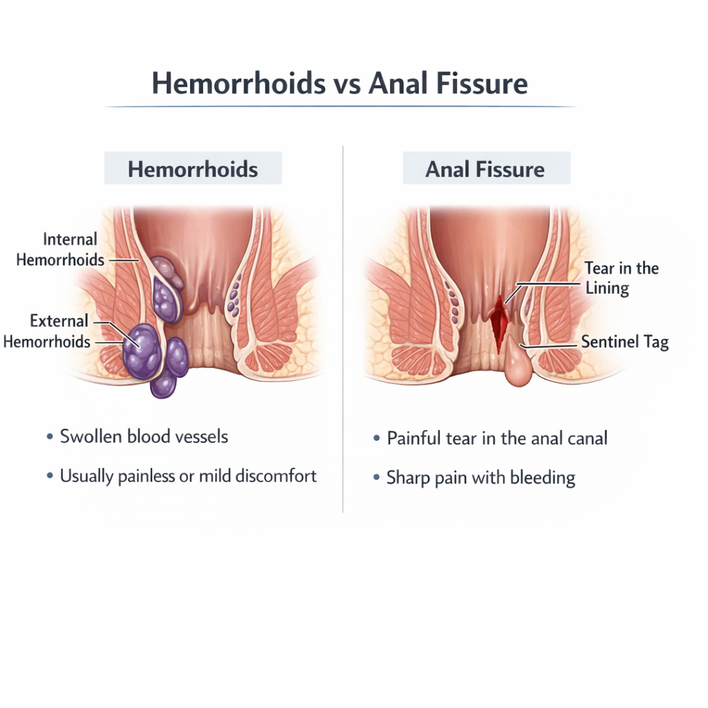 Side-by-side medical illustration comparing hemorrhoids and anal fissure showing swollen veins versus linear tear in anal canal