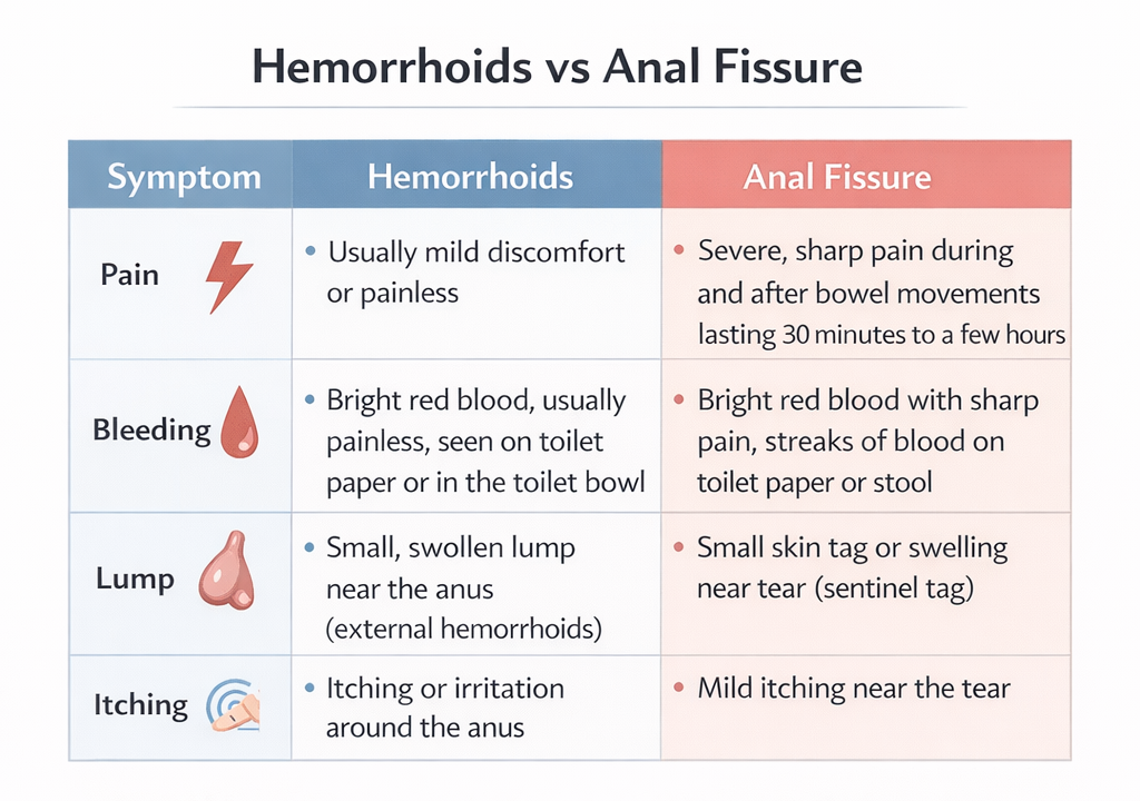 Comparison chart showing differences between hemorrhoids and anal fissure including pain, bleeding, lump, and itching