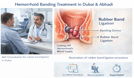 Rubber band ligation consultation and procedure illustration for hemorrhoid treatment in Dubai