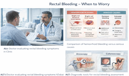 Doctor evaluating rectal bleeding symptoms in Dubai clinic — hemorrhoid bleeding compared with serious causes