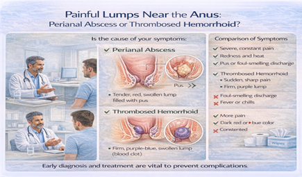 Hemorrhoid complications showing perianal abscess versus thrombosed hemorrhoid comparison in Dubai
