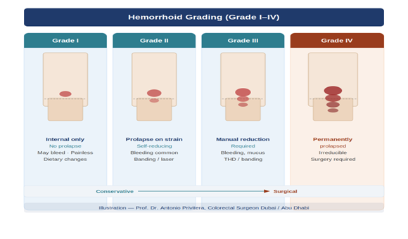Hemorrhoid grading diagram showing Grade IV permanently prolapsed hemorrhoids requiring surgical hemorrhoidectomy