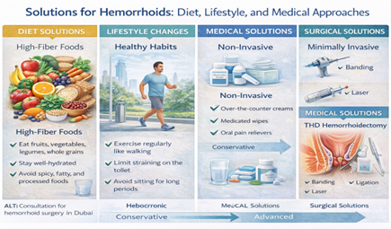 Solutions for hemorrhoids including regular exercise as lifestyle change component for prevention and management