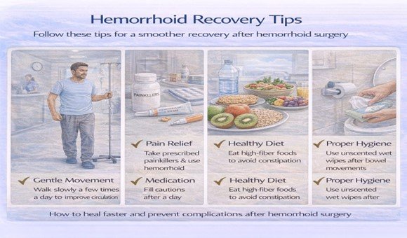 Hemorrhoid recovery tips after surgery: gentle movement, pain relief, healthy diet and proper hygiene