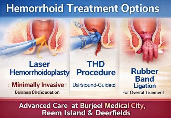 Hemorrhoid treatment options comparison banding laser THD surgery Abu Dhabi