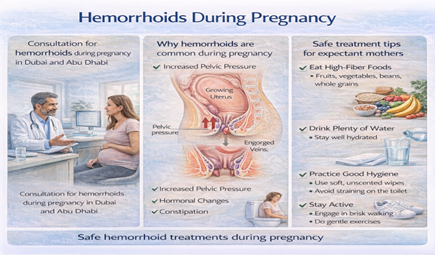 Hemorrhoids during pregnancy consultation in Dubai and Abu Dhabi showing safe treatment tips for expectant mothers