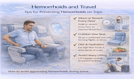 Hemorrhoids and travel tips for long flights showing move every hour cushion seat diet and hydration