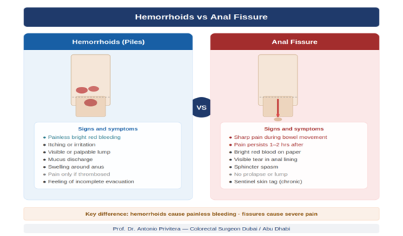 Medical comparison infographic showing hemorrhoids versus anal fissure symptoms, pain characteristics and treatment