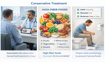 High-fibre foods illustration for hemorrhoid relief showing fruits vegetables whole grains and legumes in Dubai