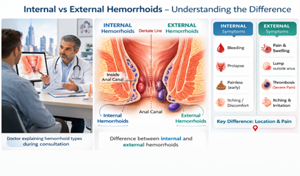 Internal vs external hemorrhoids anatomy diagram showing dentate line difference in Dubai consultation