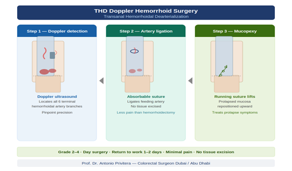 THD Doppler hemorrhoid surgery three steps showing Doppler detection, artery ligation and mucopexy