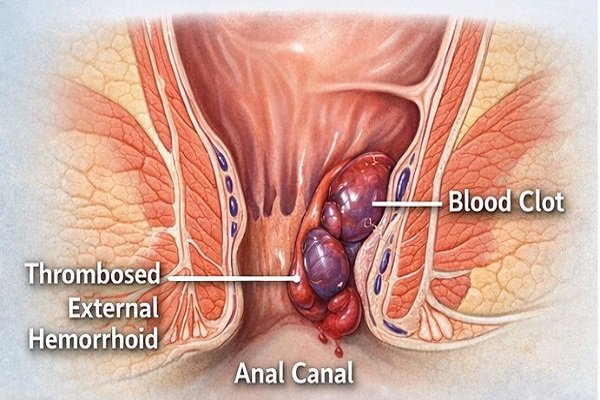 Illustration of a thrombosed external hemorrhoid