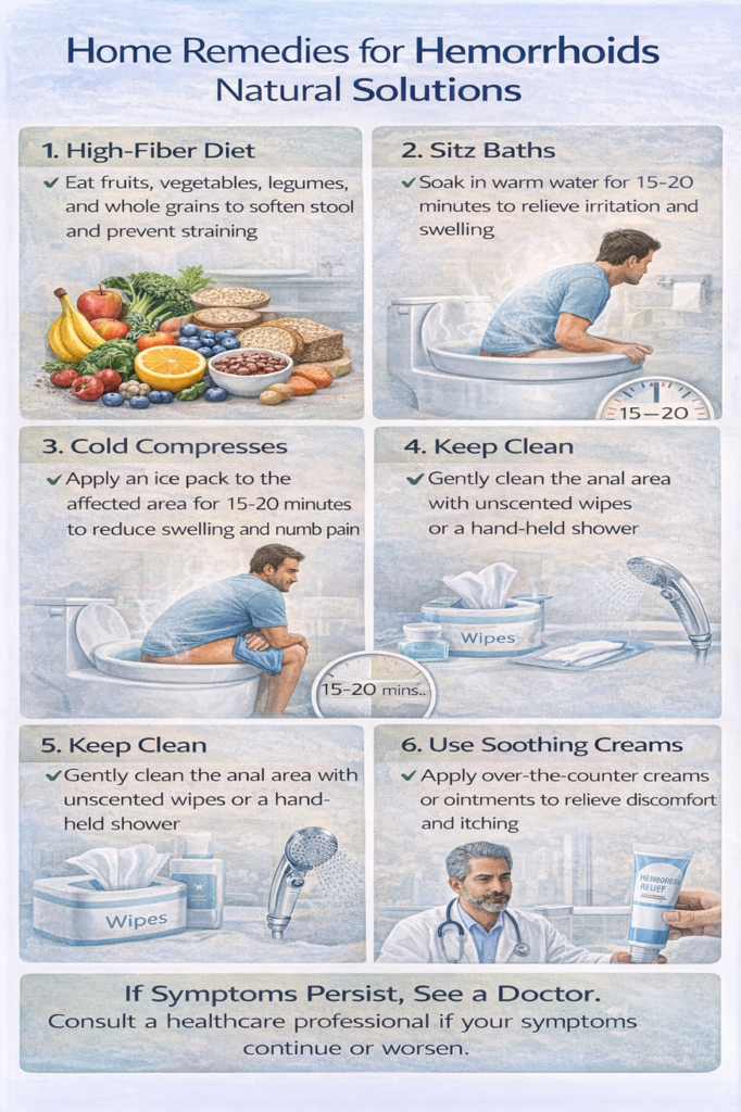 Home remedies for hemorrhoids including high-fibre diet with fruits vegetables and whole grains