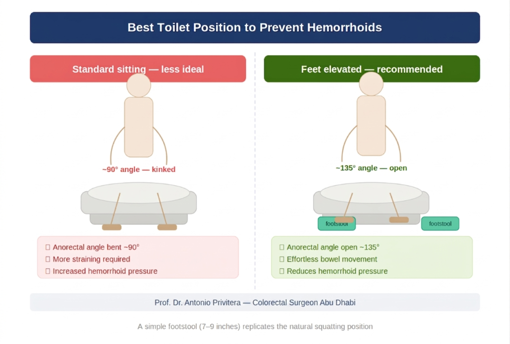 Best toilet position to prevent hemorrhoid recurrence showing footstool elevation and correct anorectal angle