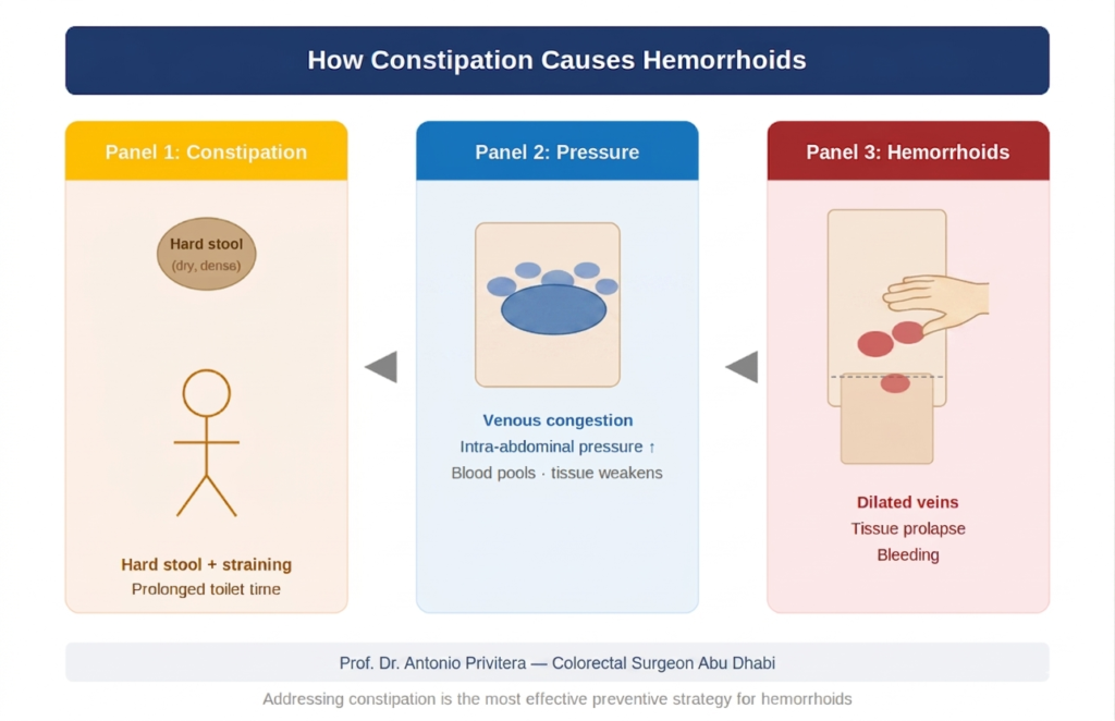 Preventing constipation to stop hemorrhoid recurrence through diet hydration exercise and correct habits