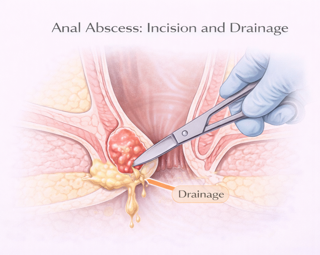 Medical illustration showing incision and drainage of an anal abscess to release pus and relieve infection