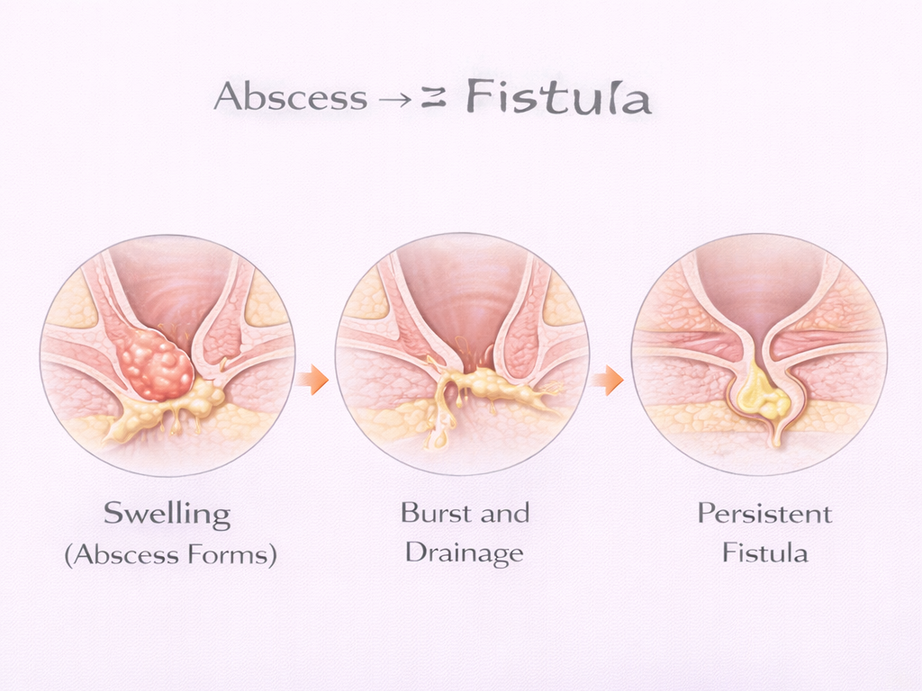 Diagram showing progression from anal abscess formation to drainage and development of a chronic fistula tract