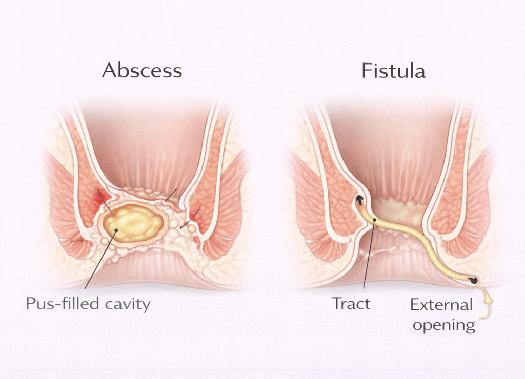 Medical diagram comparing anal abscess as a pus-filled cavity and anal fistula as a chronic tract connecting the anal canal to the skin