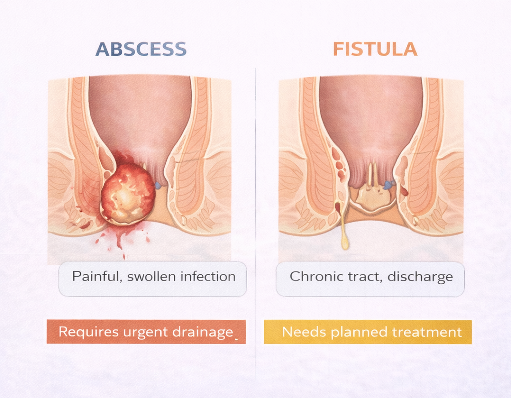 Medical diagram comparing anal abscess as a painful swollen infection and anal fistula as a chronic tract with discharge