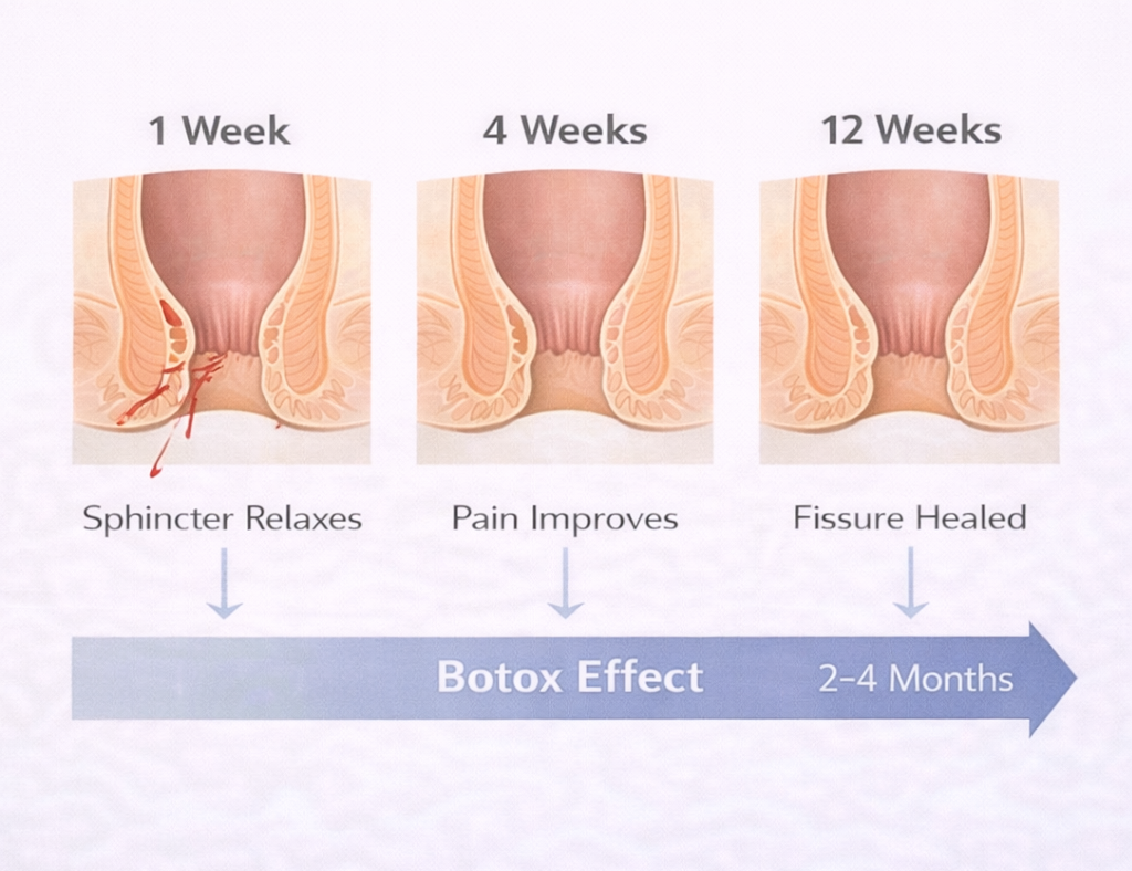 Infographic showing timeline of pain relief and healing after Botox injection for anal fissure over several weeks