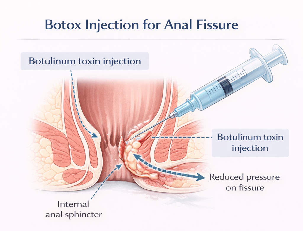 Medical illustration showing botox injection into the internal anal sphincter for treatment of chronic anal fissure