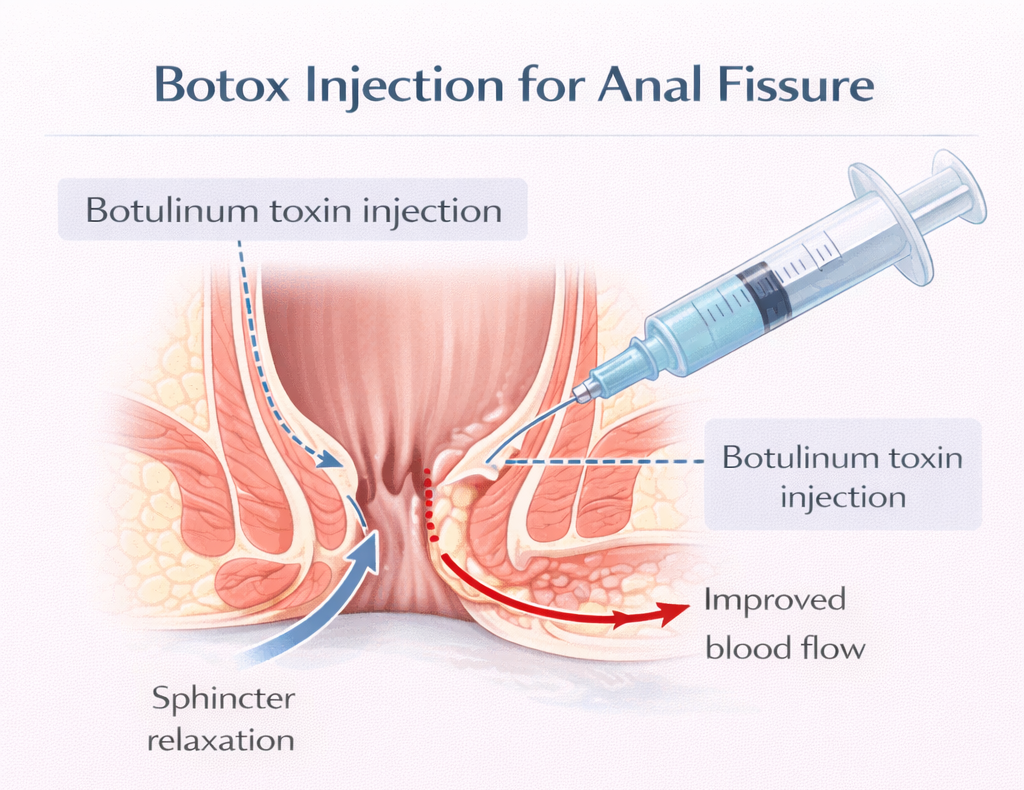 Medical illustration showing botox injection into the internal anal sphincter to reduce spasm and improve blood flow for fissure healing