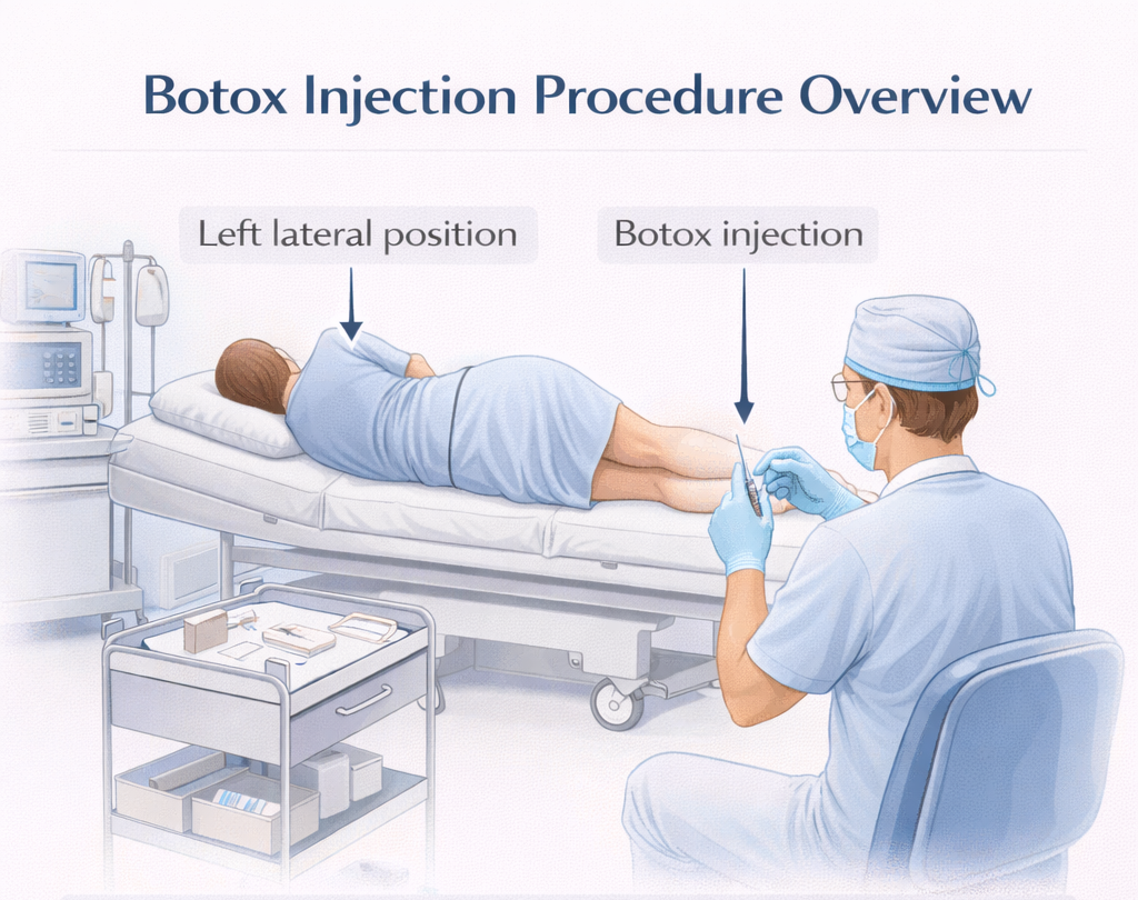 Medical illustration showing botox injection procedure setup including patient positioning and simple outpatient treatment environment
