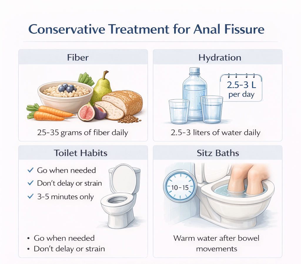 Infographic showing conservative treatment for anal fissure including fiber diet, hydration, proper toilet habits, and sitz baths