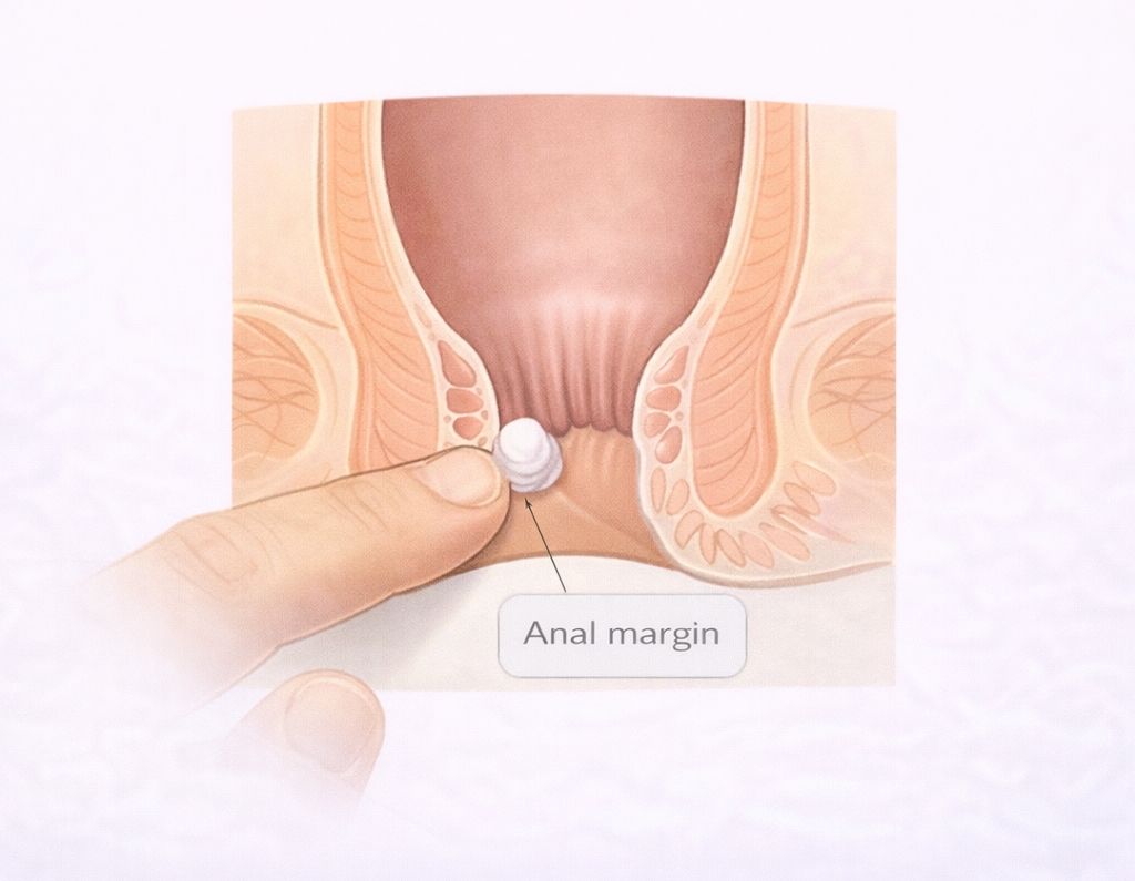Medical illustration showing correct application of topical cream to the anal margin using a small pea-sized amount
