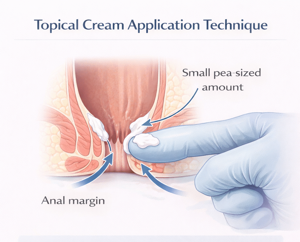 Medical diagram showing correct application of topical cream for anal fissure using a small pea-sized amount around the anal margin