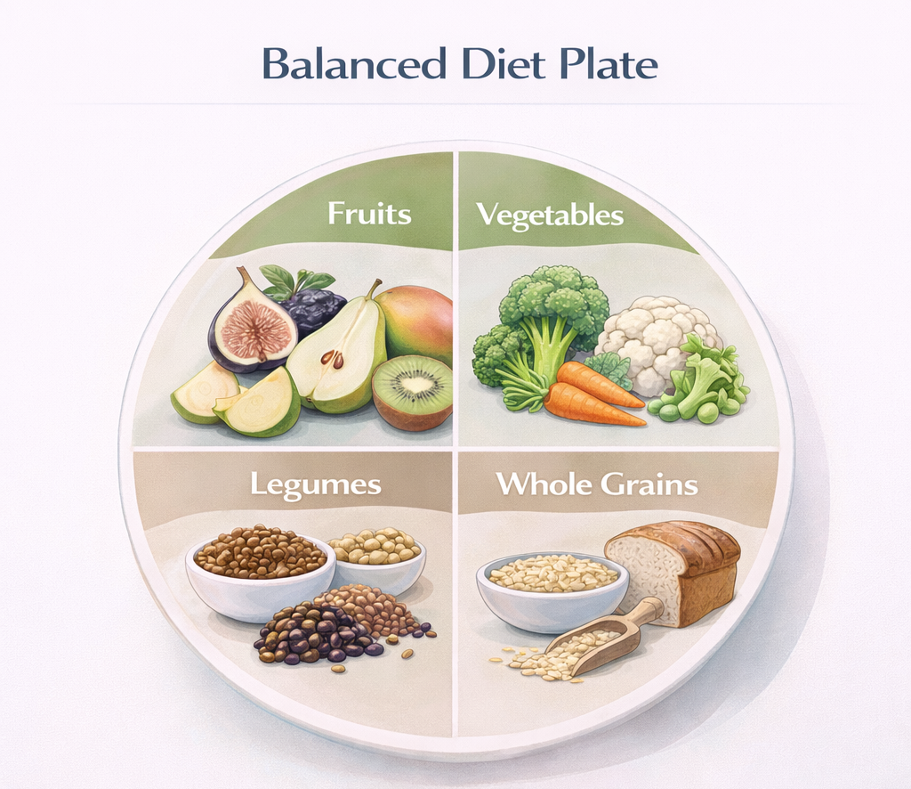 Infographic showing a balanced high fiber daily diet plate for anal fissure including fruits, vegetables, legumes, and whole grains