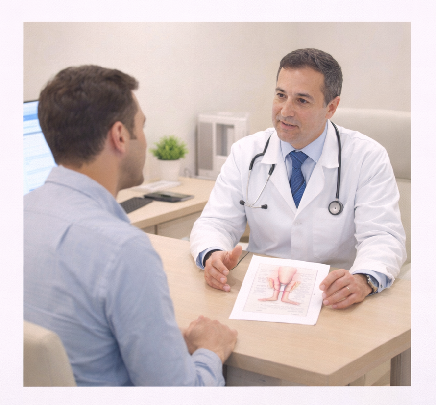 Doctor consulting with patient in a calm clinical environment explaining anal fissure diagnosis and treatment plan
