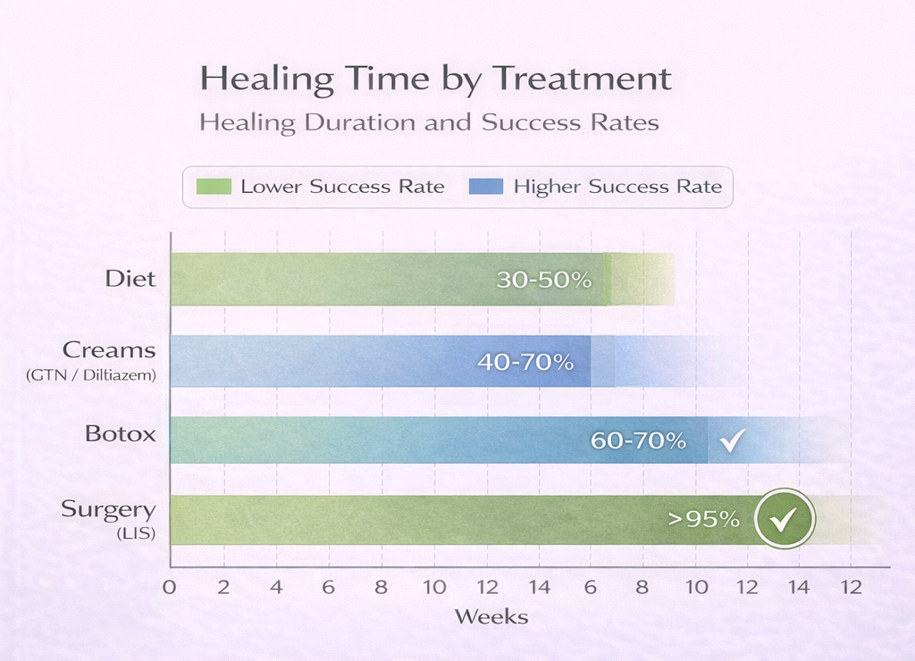 Comparison chart showing healing duration and success rates for anal fissure treatments including diet, creams, Botox, and surgery