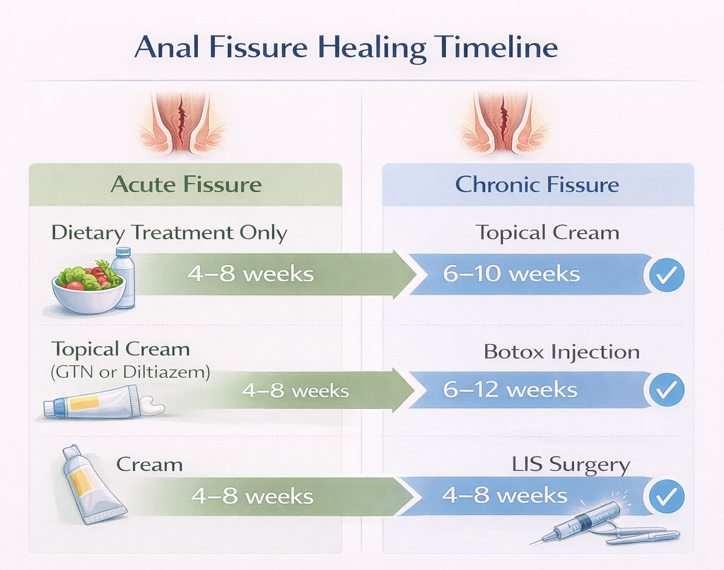 Infographic showing healing timeline for anal fissure comparing acute and chronic cases with dietary treatment, creams, Botox, and surgery