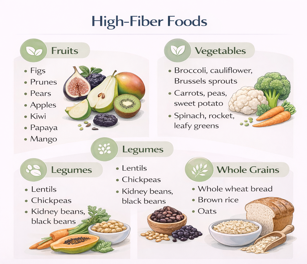 Infographic showing high fiber foods for anal fissure including fruits, vegetables, legumes, and whole grains