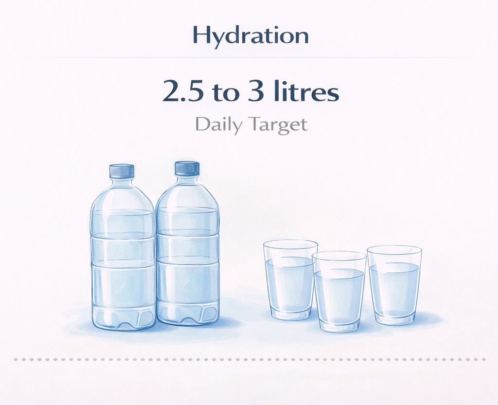 Infographic showing daily hydration target of 2.5 to 3 liters of water for anal fissure management