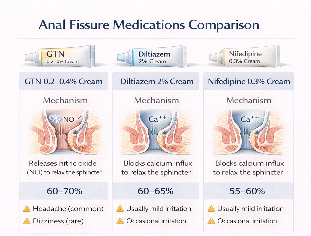 Medical infographic comparing anal fissure medications including GTN, diltiazem, and nifedipine with mechanism and effectiveness
