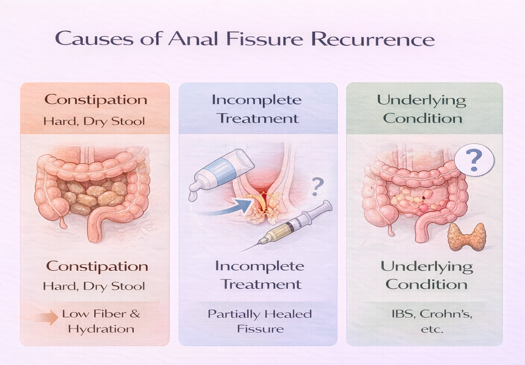 Infographic showing causes of anal fissure recurrence including constipation, incomplete treatment, and underlying conditions
