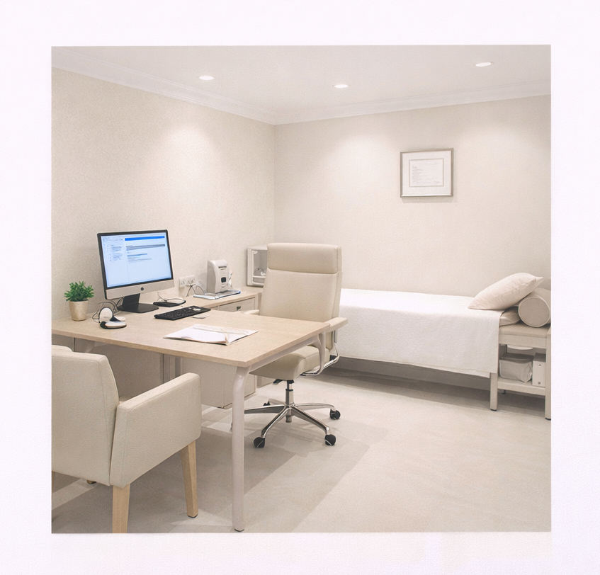 Private medical consultation room showing a clean, discreet clinical setting for anal fissure specialist assessment