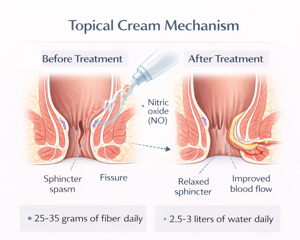 Medical diagram showing how topical creams relax the internal anal sphincter and improve blood flow to heal fissures